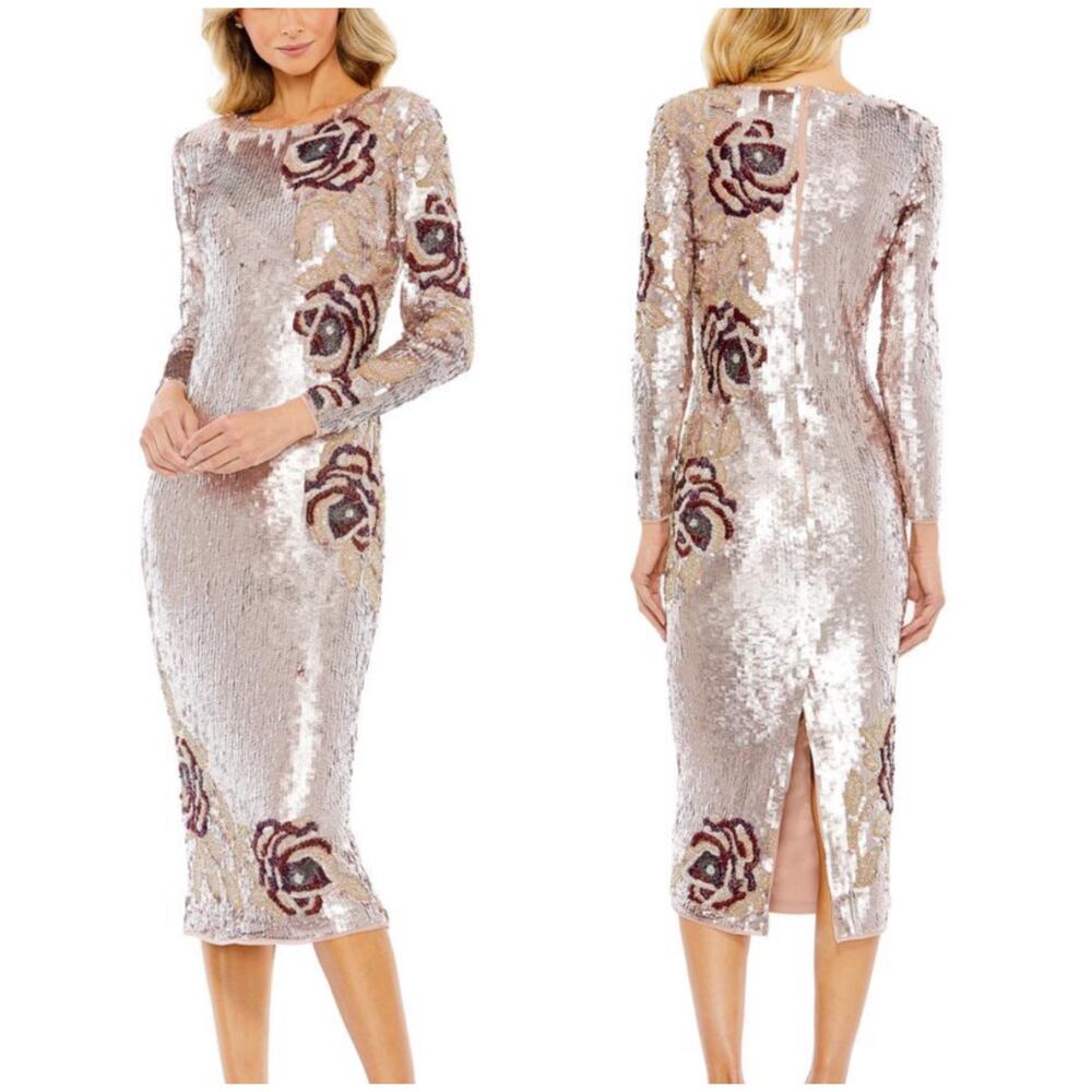 Mac Duggal NWT Sequined Asymmetrical Floral Long Sleeve Midi Dress Pink Size 6